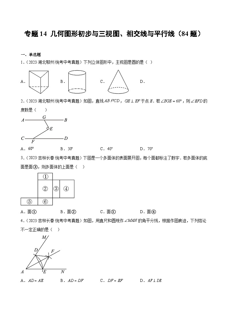 2023年中考数学真题分项汇编(全国通用)专题14几何图形初步与三视图、相交线与平行线(共84题)特训(原卷版+解析)01