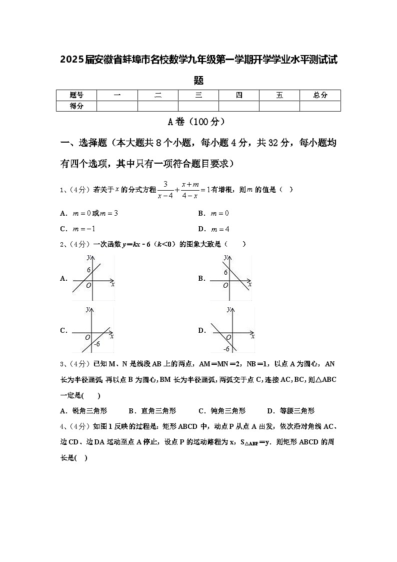 2025届安徽省蚌埠市名校数学九年级第一学期开学学业水平测试试题【含答案】01