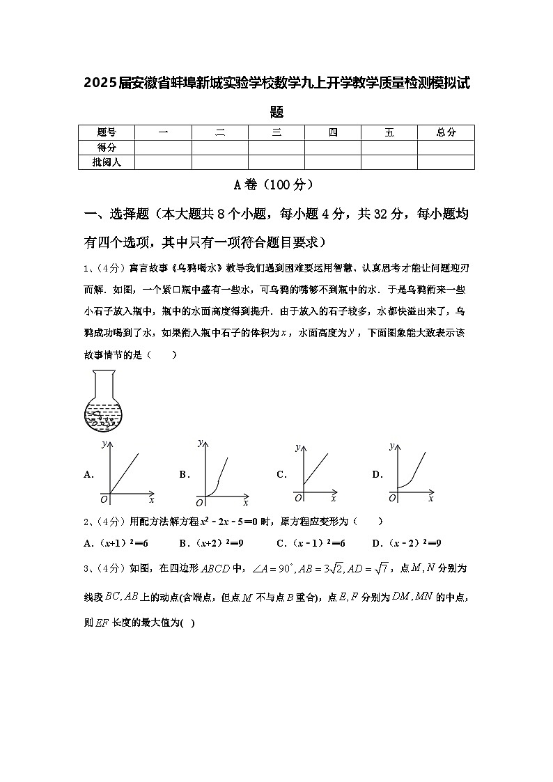 2025届安徽省蚌埠新城实验学校数学九上开学教学质量检测模拟试题【含答案】01