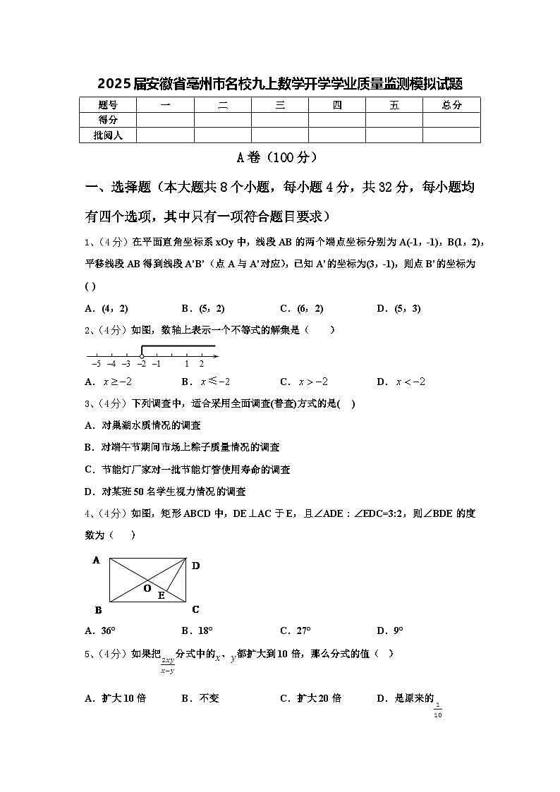 2025届安徽省亳州市名校九上数学开学学业质量监测模拟试题【含答案】第1页