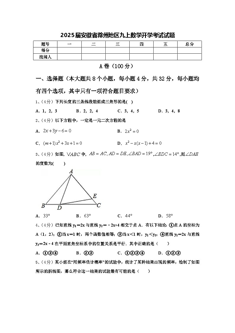 2025届安徽省滁州地区九上数学开学考试试题【含答案】第1页