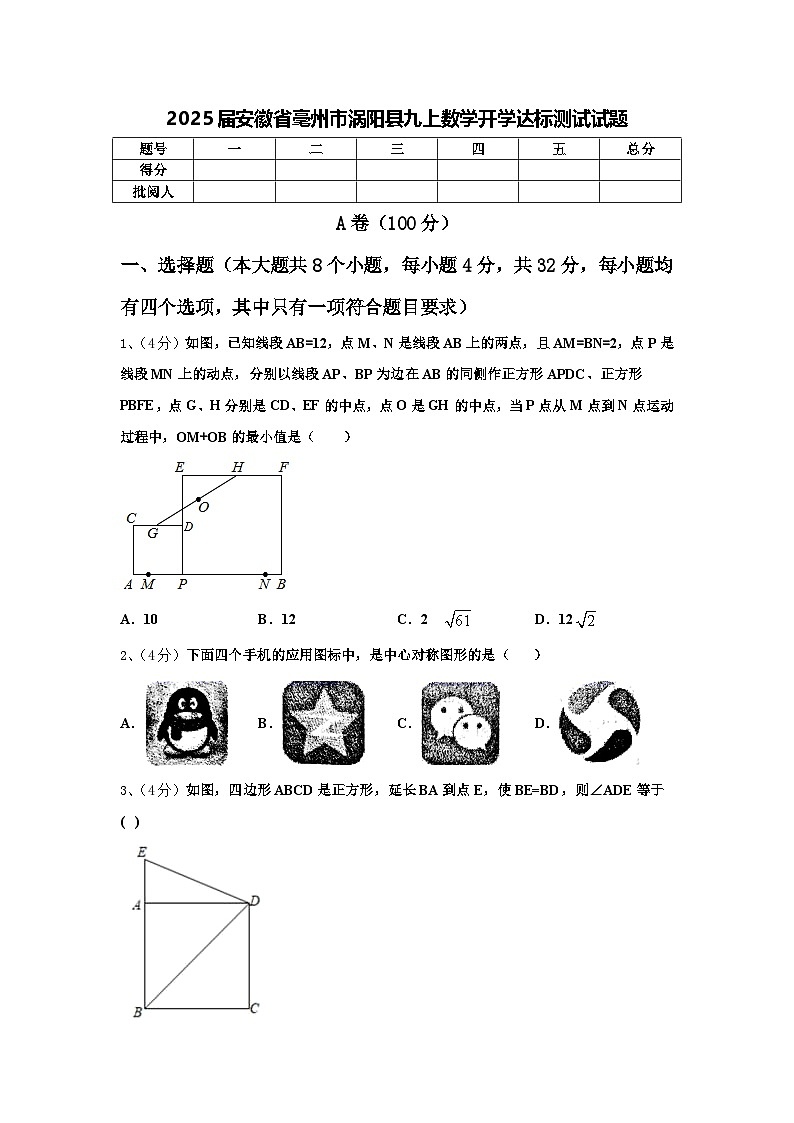 2025届安徽省毫州市涡阳县九上数学开学达标测试试题【含答案】第1页