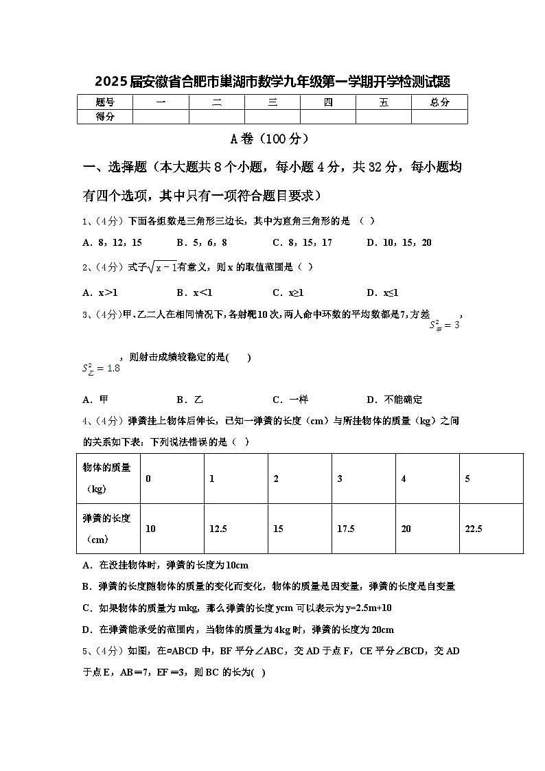 2025届安徽省合肥市巢湖市数学九年级第一学期开学检测试题【含答案】01