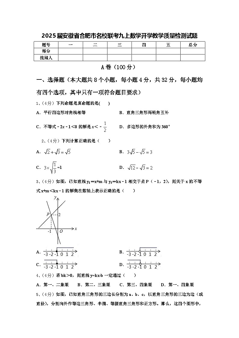 2025届安徽省合肥市名校联考九上数学开学教学质量检测试题【含答案】01