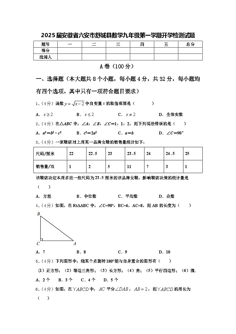 2025届安徽省六安市舒城县数学九年级第一学期开学检测试题【含答案】第1页