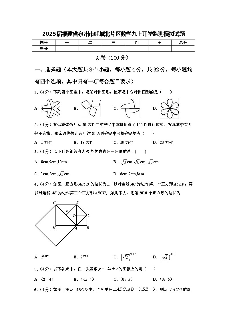 2025届福建省泉州市鲤城北片区数学九上开学监测模拟试题【含答案】01