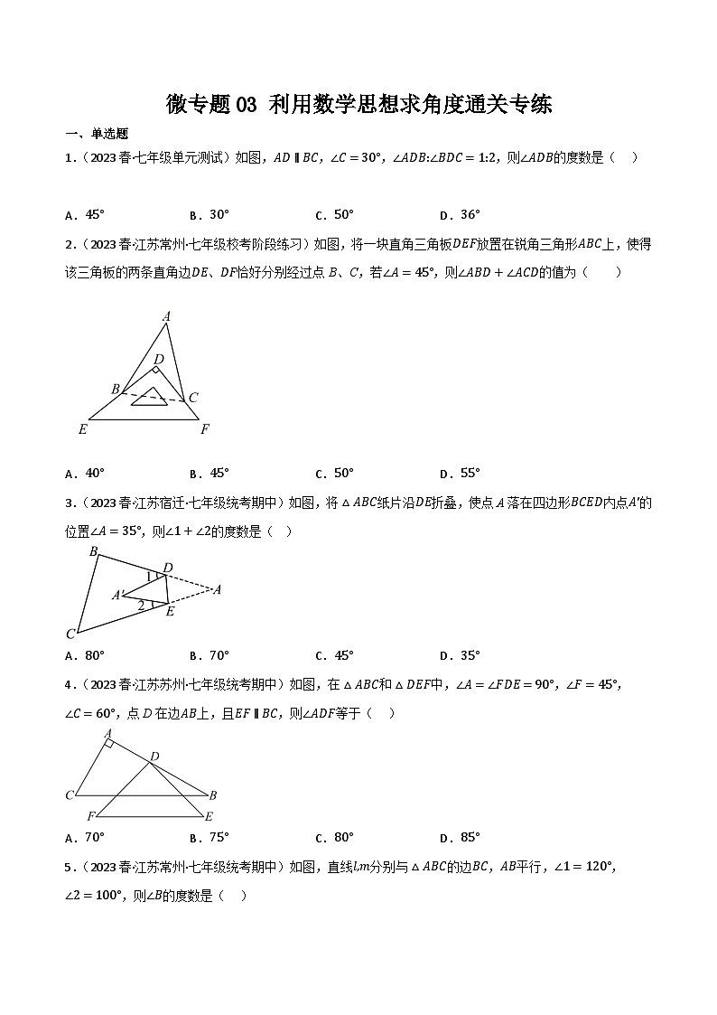人教版八年级数学上册重难考点微专题03利用数学思想求角度通关专练特训(原卷版+解析)第1页