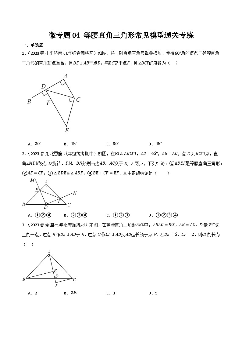 人教版八年级数学上册重难考点微专题04等腰直角三角形常见模型通关专练特训(原卷版+解析)第1页
