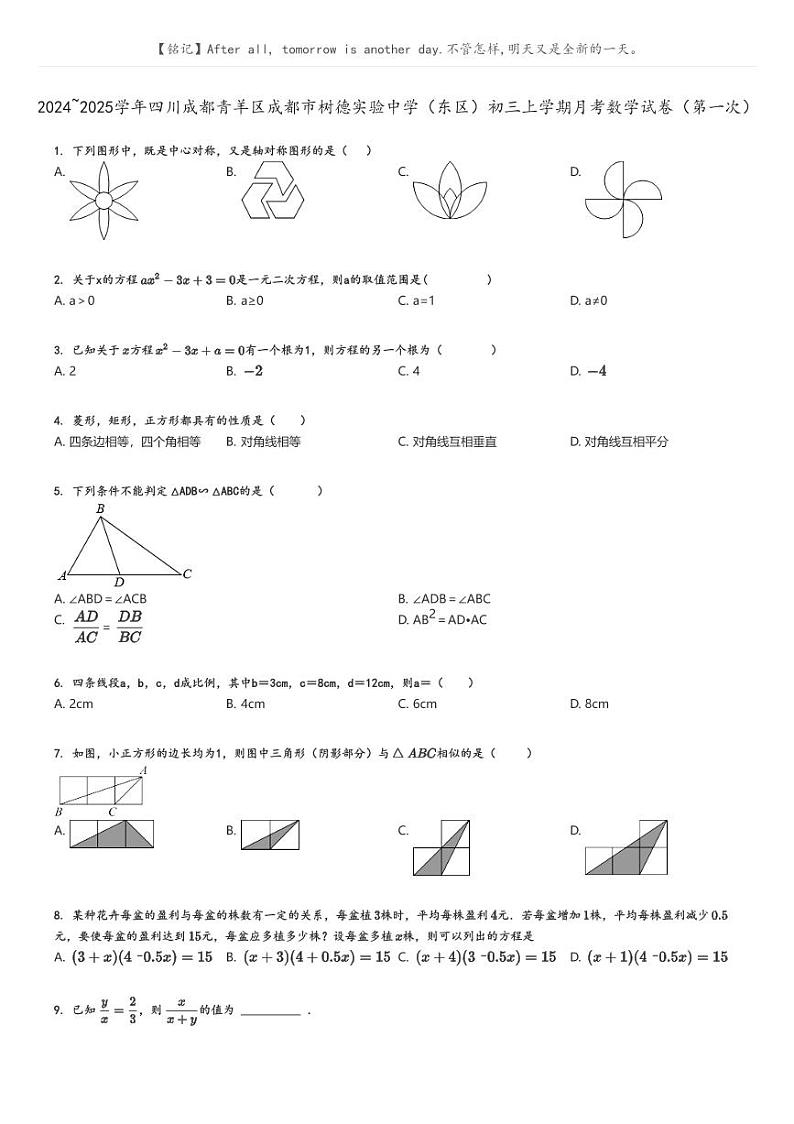 [数学]2024～2025学年四川成都青羊区成都市树德实验中学(东区)初三上学期月考试卷(第一次)(原题版+解析版)01