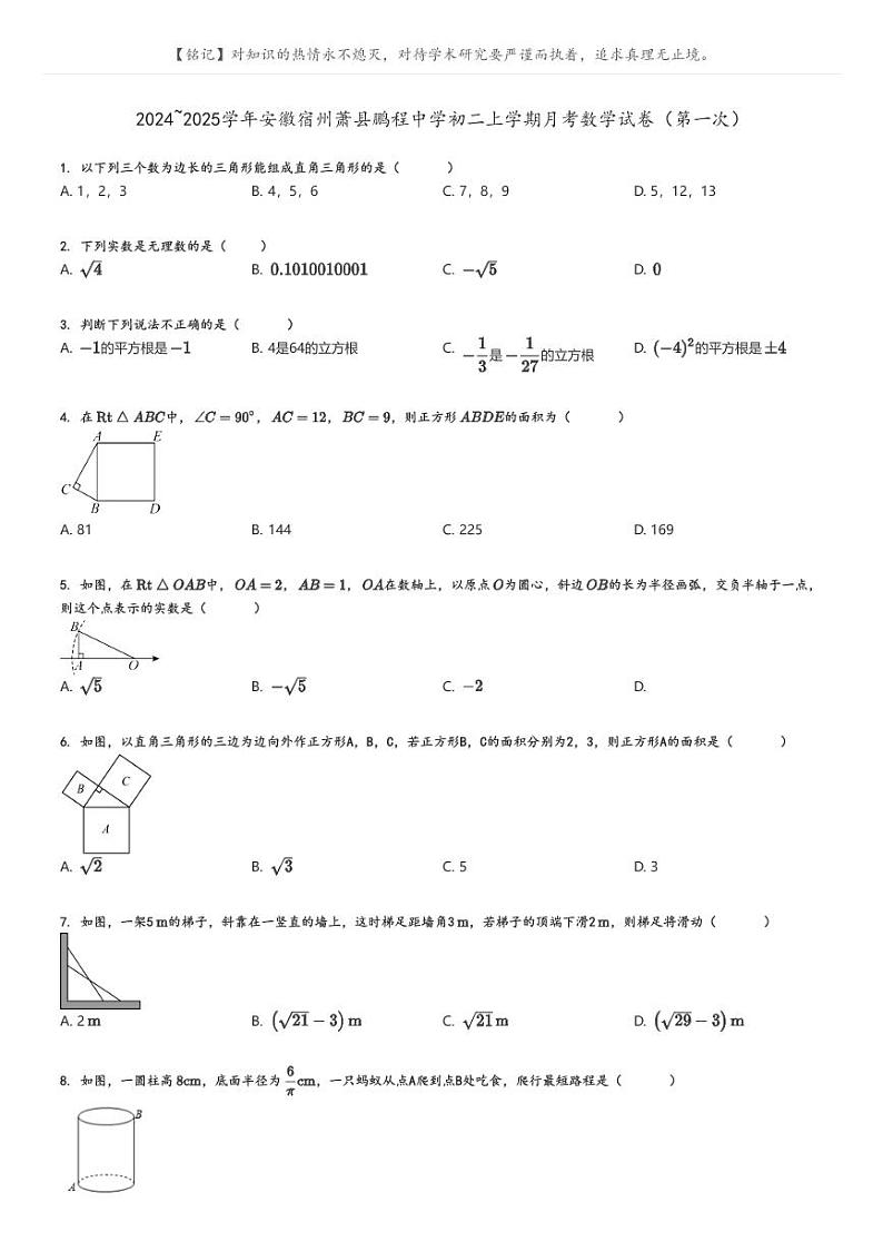 [数学]2024～2025学年安徽宿州萧县鹏程中学初二上学期月考试卷(第一次)原题版第1页