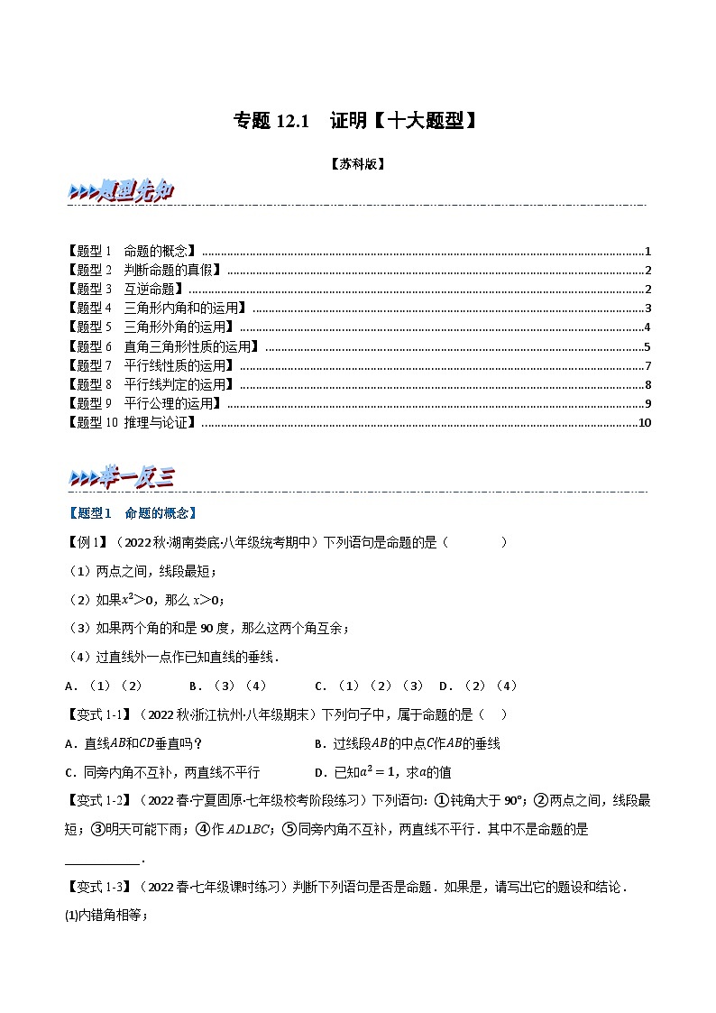 苏科版七年级数学下册举一反三专题12.1证明【十大题型】特训(原卷版+解析)01