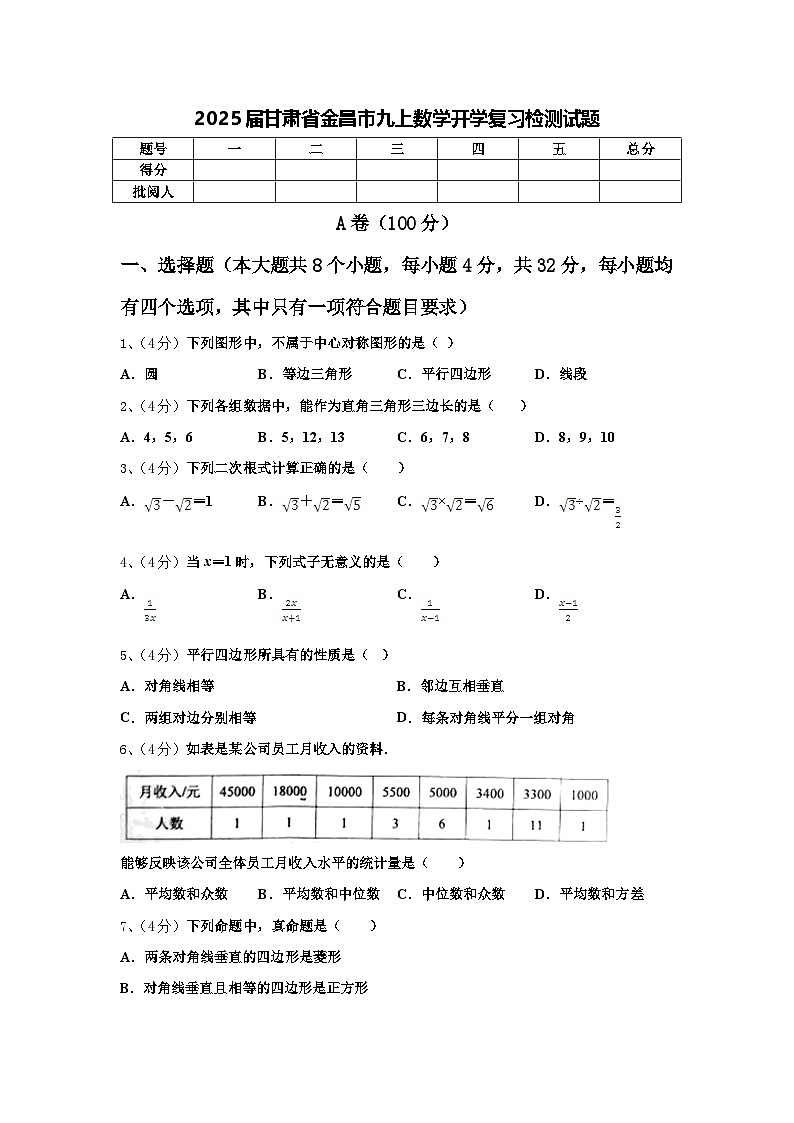 2025届甘肃省金昌市九上数学开学复习检测试题【含答案】01