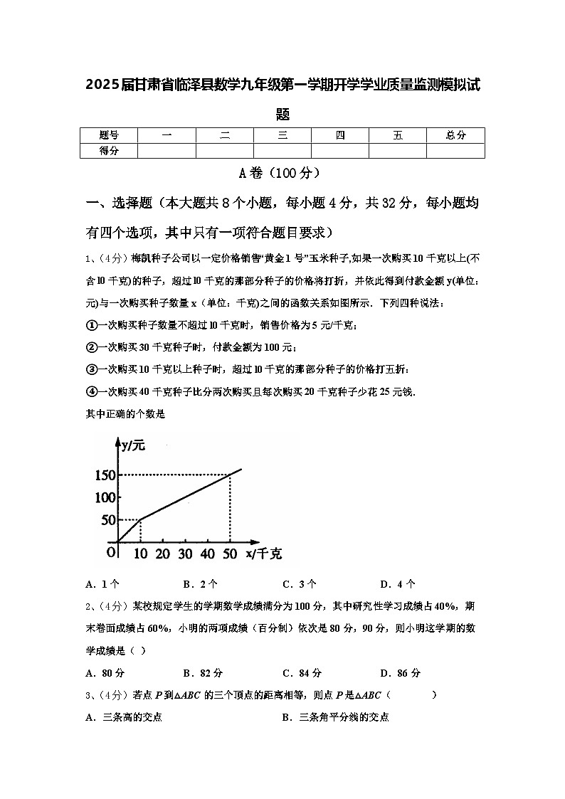 2025届甘肃省临泽县数学九年级第一学期开学学业质量监测模拟试题【含答案】01
