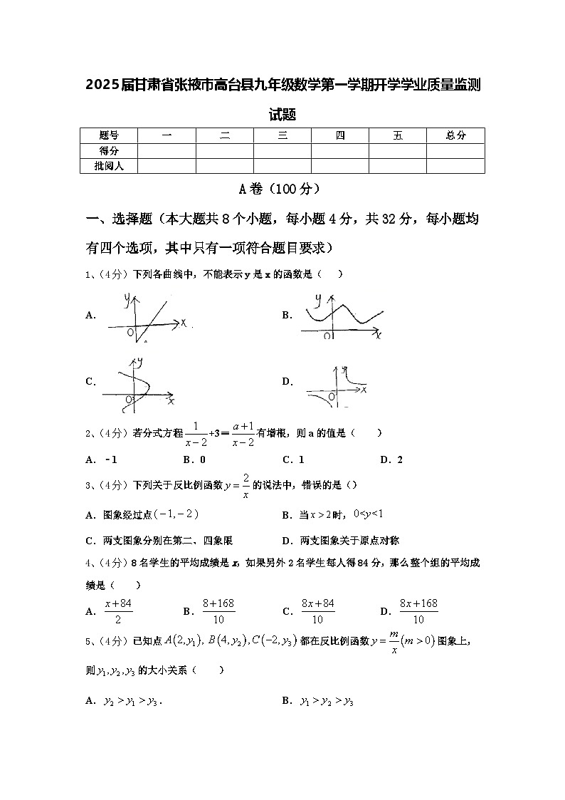 2025届甘肃省张掖市高台县九年级数学第一学期开学学业质量监测试题【含答案】01