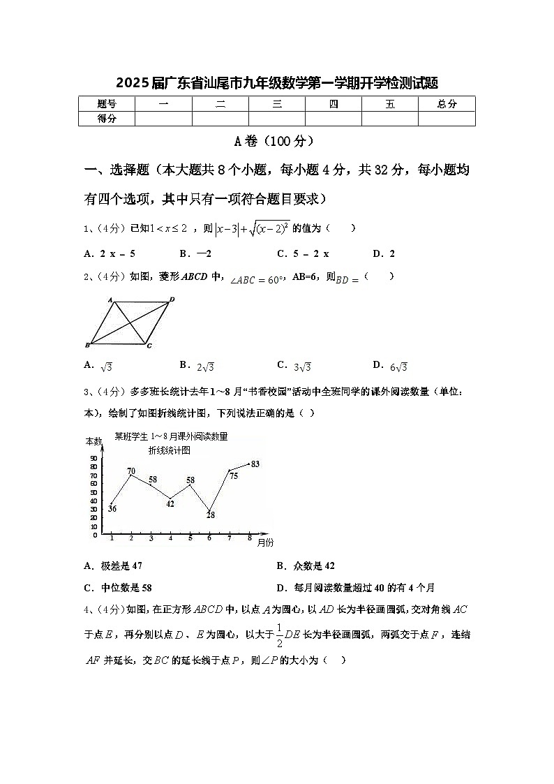 2025届广东省汕尾市九年级数学第一学期开学检测试题【含答案】01