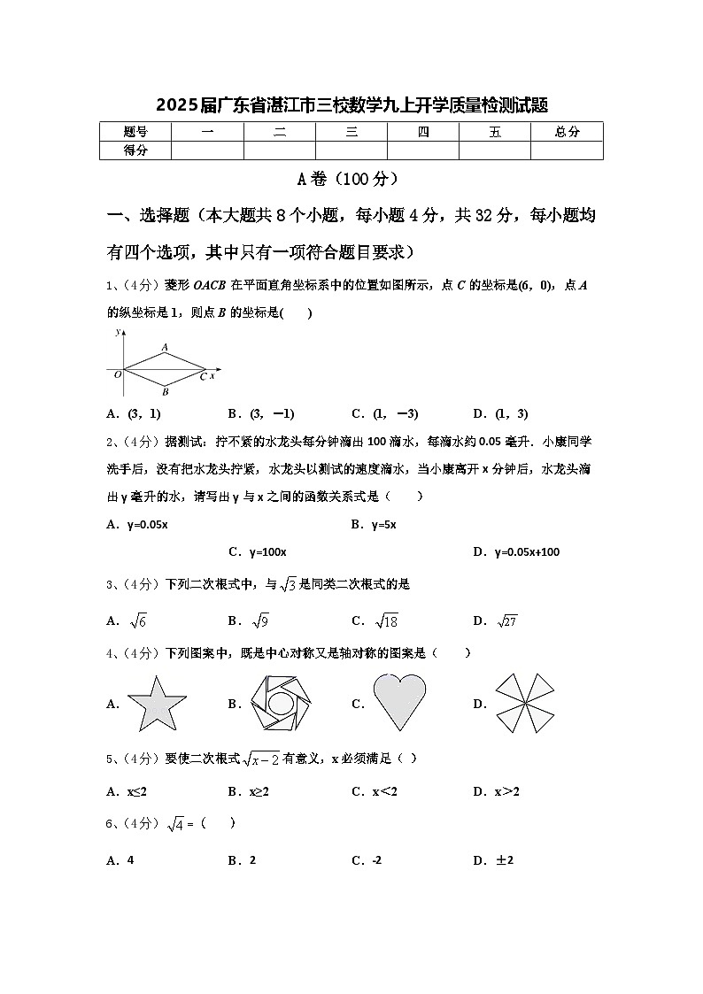 2025届广东省湛江市三校数学九上开学质量检测试题【含答案】第1页