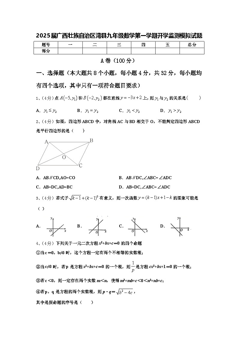 2025届广西壮族自治区湾县九年级数学第一学期开学监测模拟试题【含答案】第1页