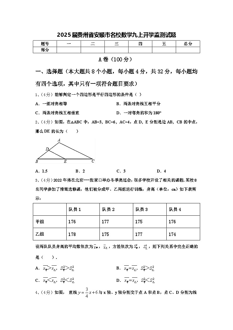 2025届贵州省安顺市名校数学九上开学监测试题【含答案】01