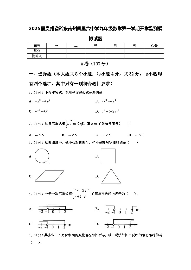 2025届贵州省黔东南州凯里六中学九年级数学第一学期开学监测模拟试题【含答案】01