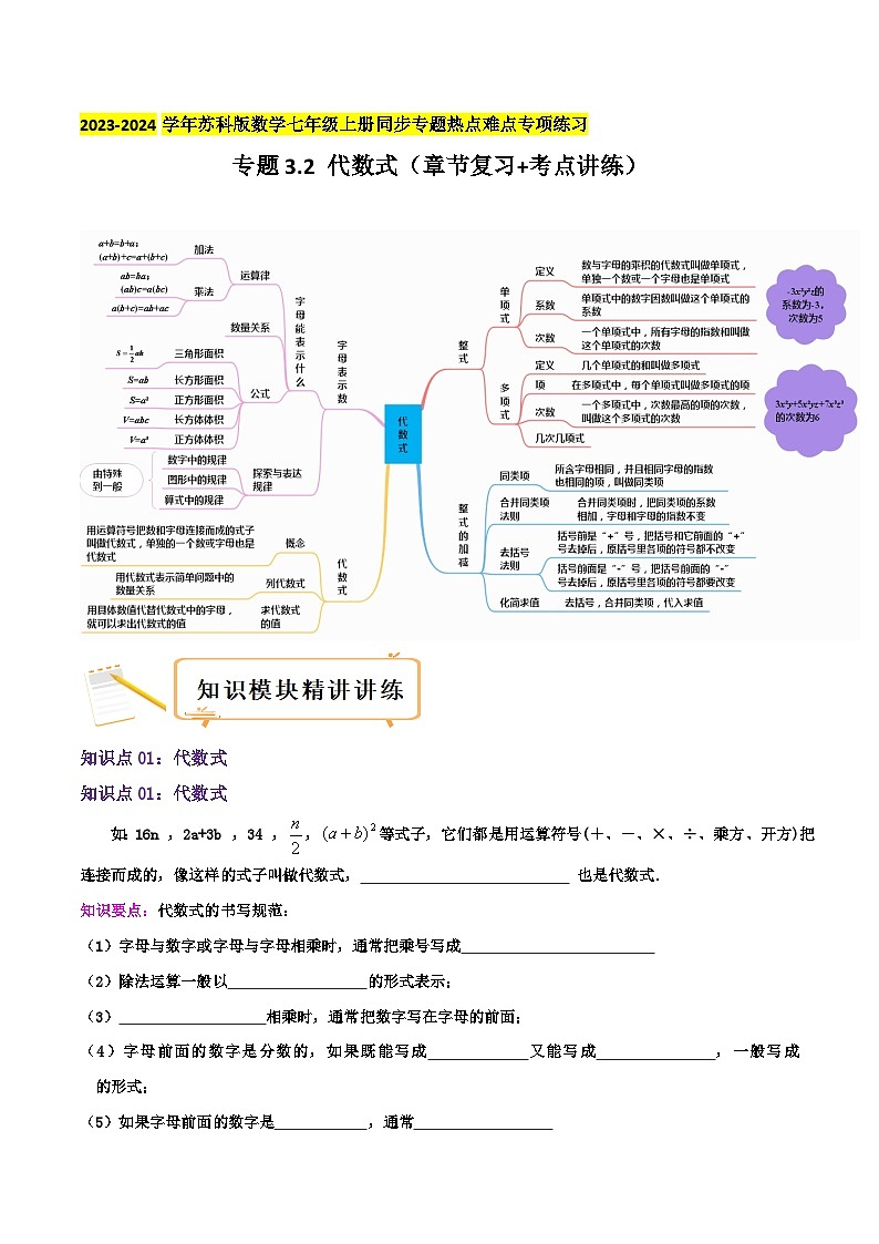 苏科版数学七年级上册全程通关培优(专项卷+章节复习+期中期末备考)专题3.2代数式(章节复习+考点讲练)特训（学生版+解析）第1页