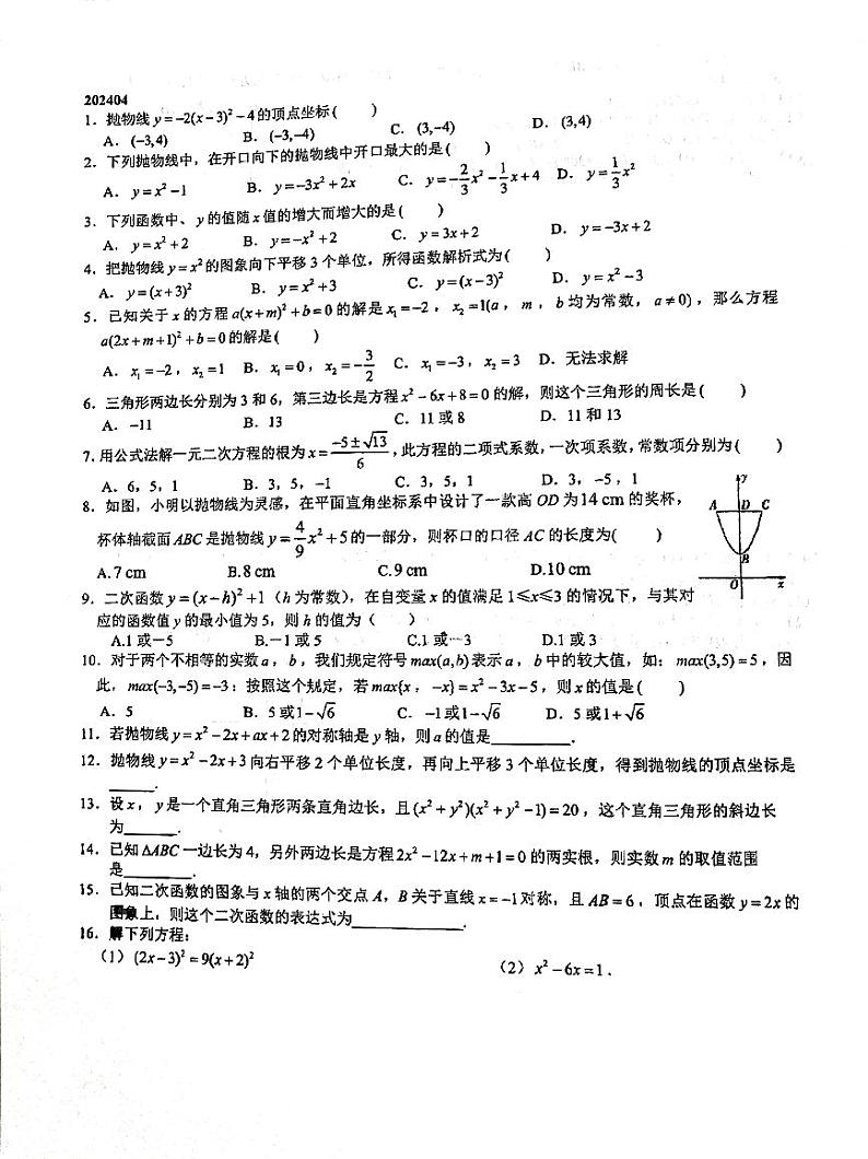 2024深圳外国语学校九年级周测数学试卷01