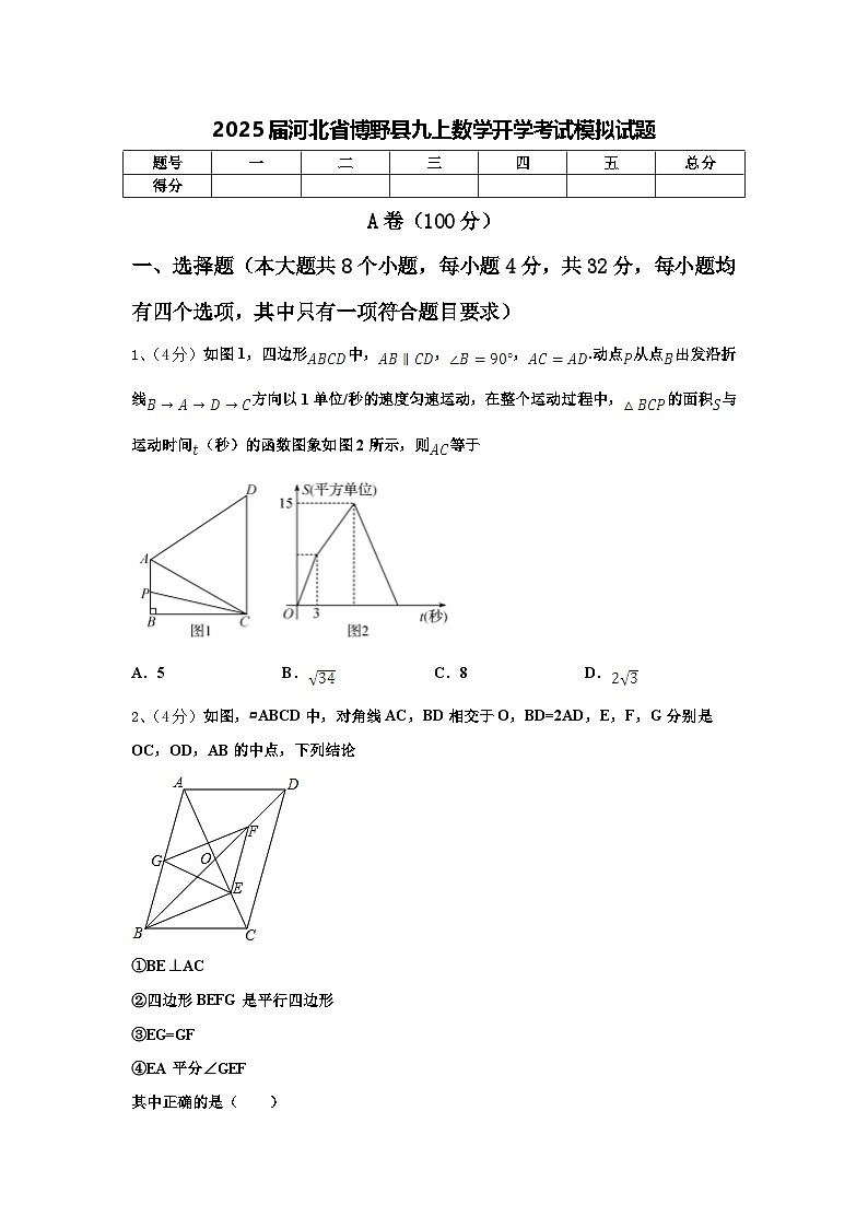 2025届河北省博野县九上数学开学考试模拟试题【含答案】01
