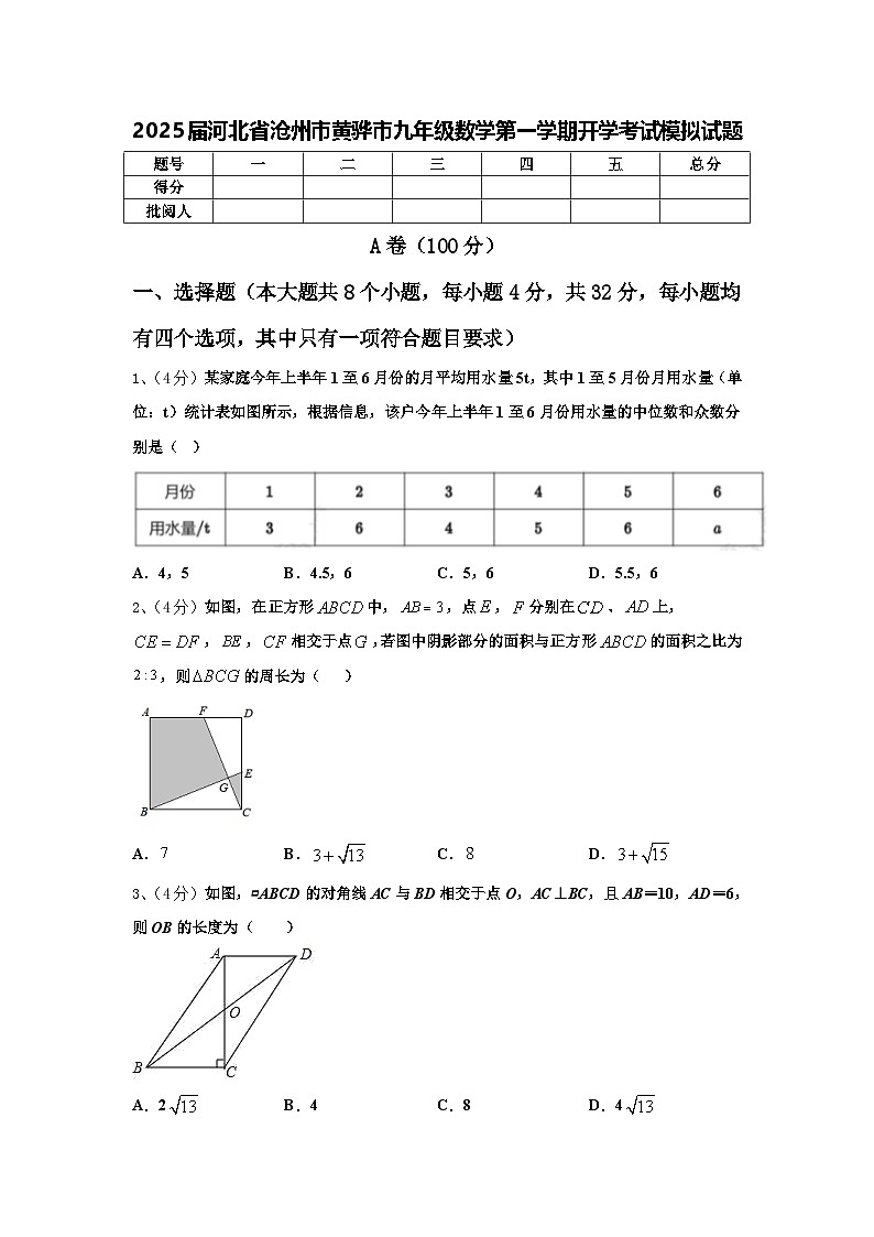 2025届河北省沧州市黄骅市九年级数学第一学期开学考试模拟试题【含答案】第1页