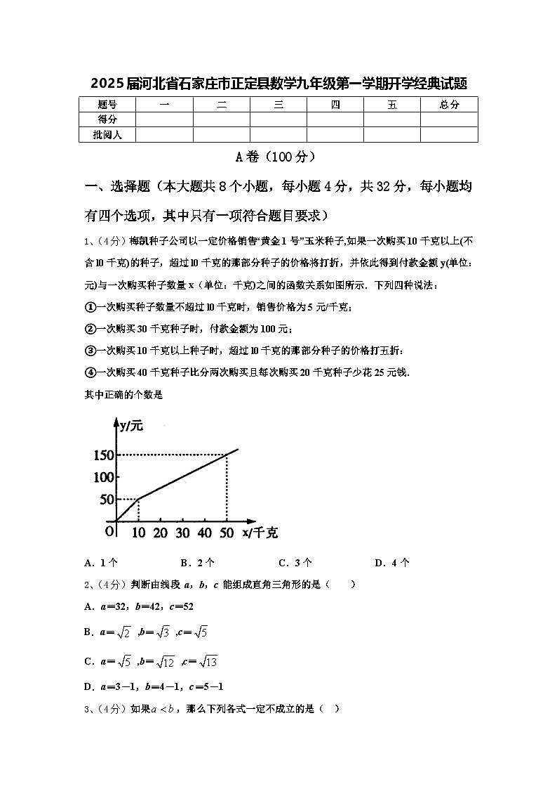 2025届河北省石家庄市正定县数学九年级第一学期开学经典试题【含答案】01