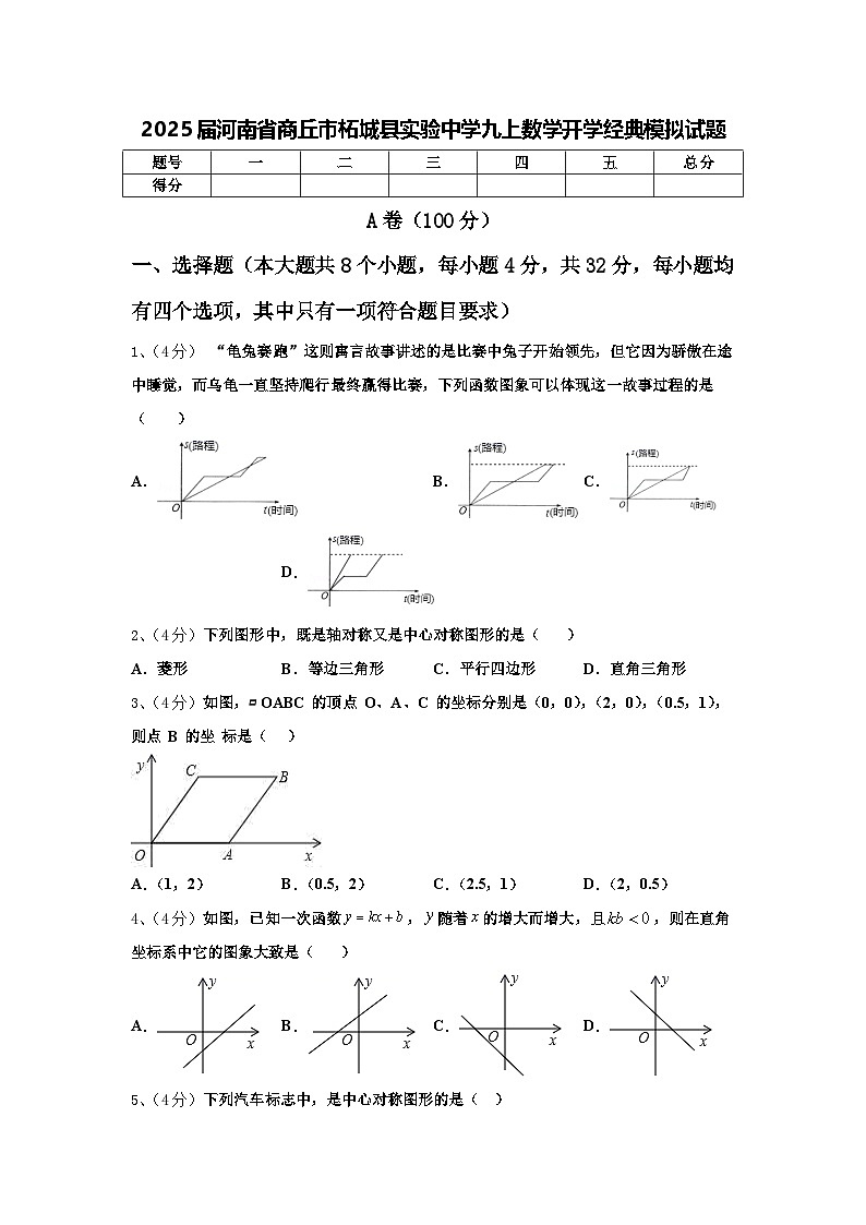 2025届河南省商丘市柘城县实验中学九上数学开学经典模拟试题【含答案】01