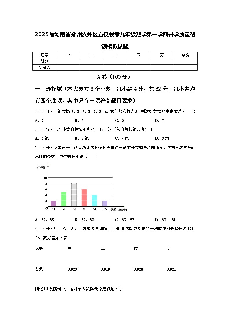 2025届河南省郑州汝州区五校联考九年级数学第一学期开学质量检测模拟试题【含答案】01