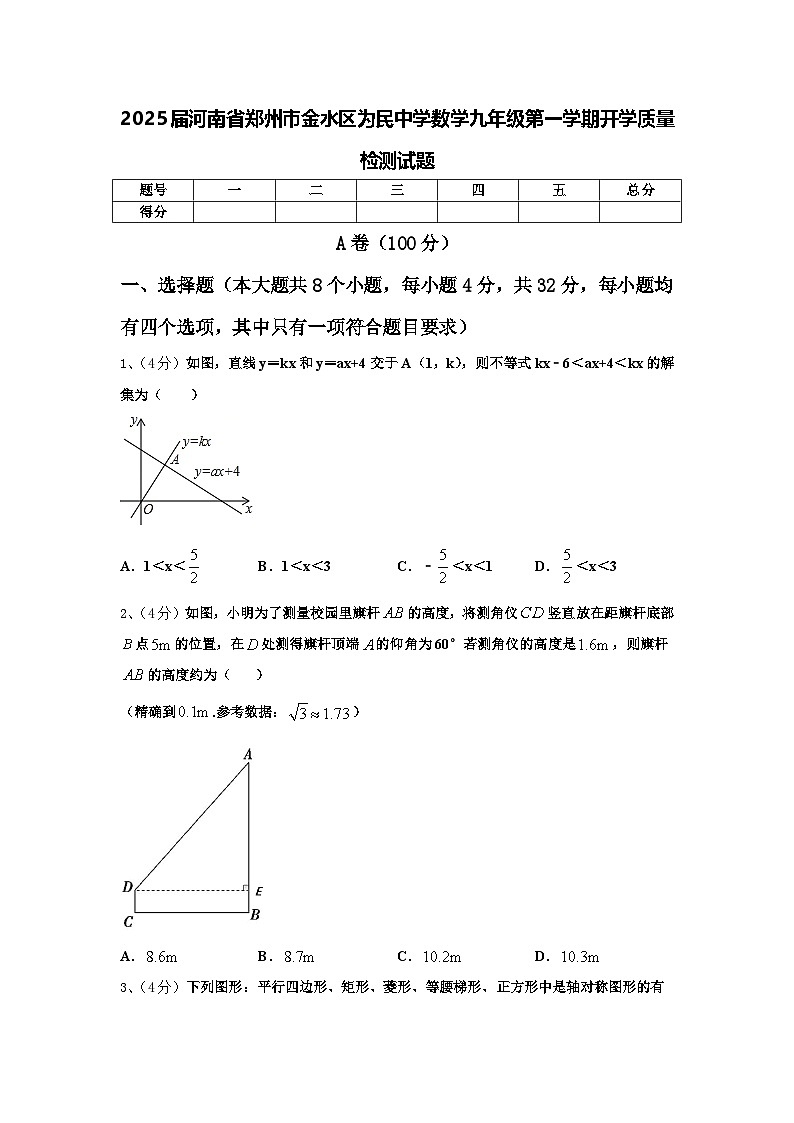 2025届河南省郑州市金水区为民中学数学九年级第一学期开学质量检测试题【含答案】第1页