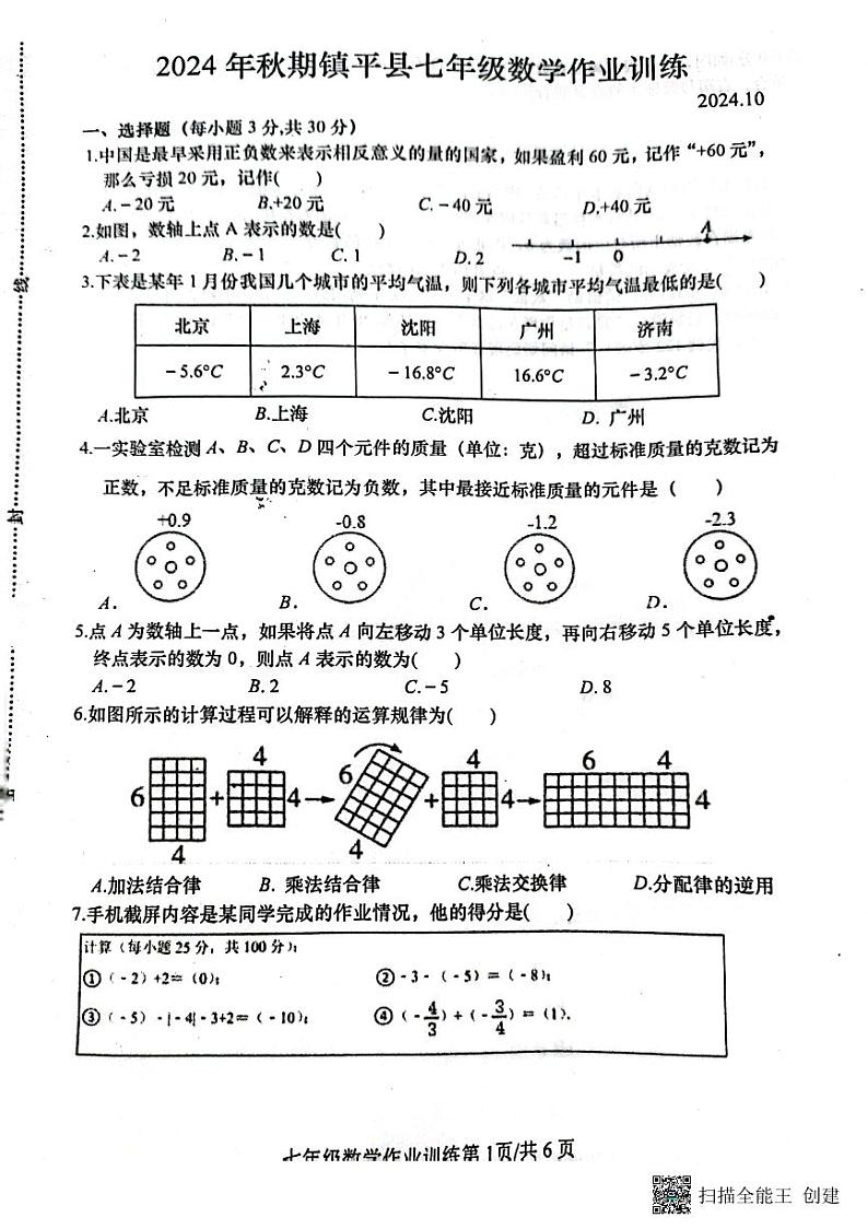 河南省南阳市镇平县2024-2025学年七年级上学期10月月考数学试题第1页