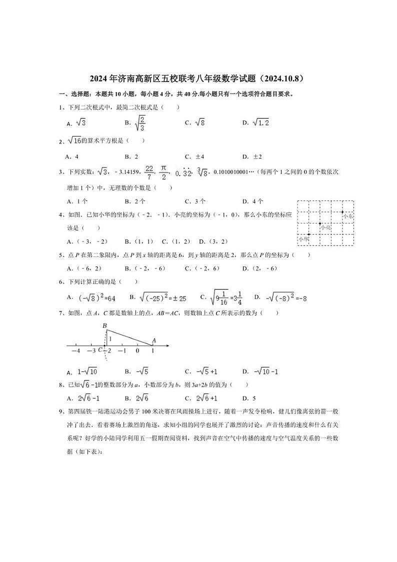 [数学]山东省济南高新区五校联考2024～2025学年八年级上学期阶段性测试月考试题(有答案)第1页