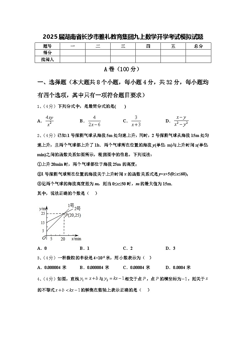 2025届湖南省长沙市雅礼教育集团九上数学开学考试模拟试题【含答案】第1页
