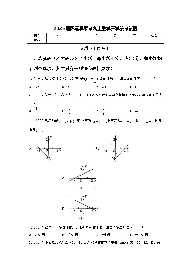 2025届怀远县联考九上数学开学统考试题【含答案】第1页