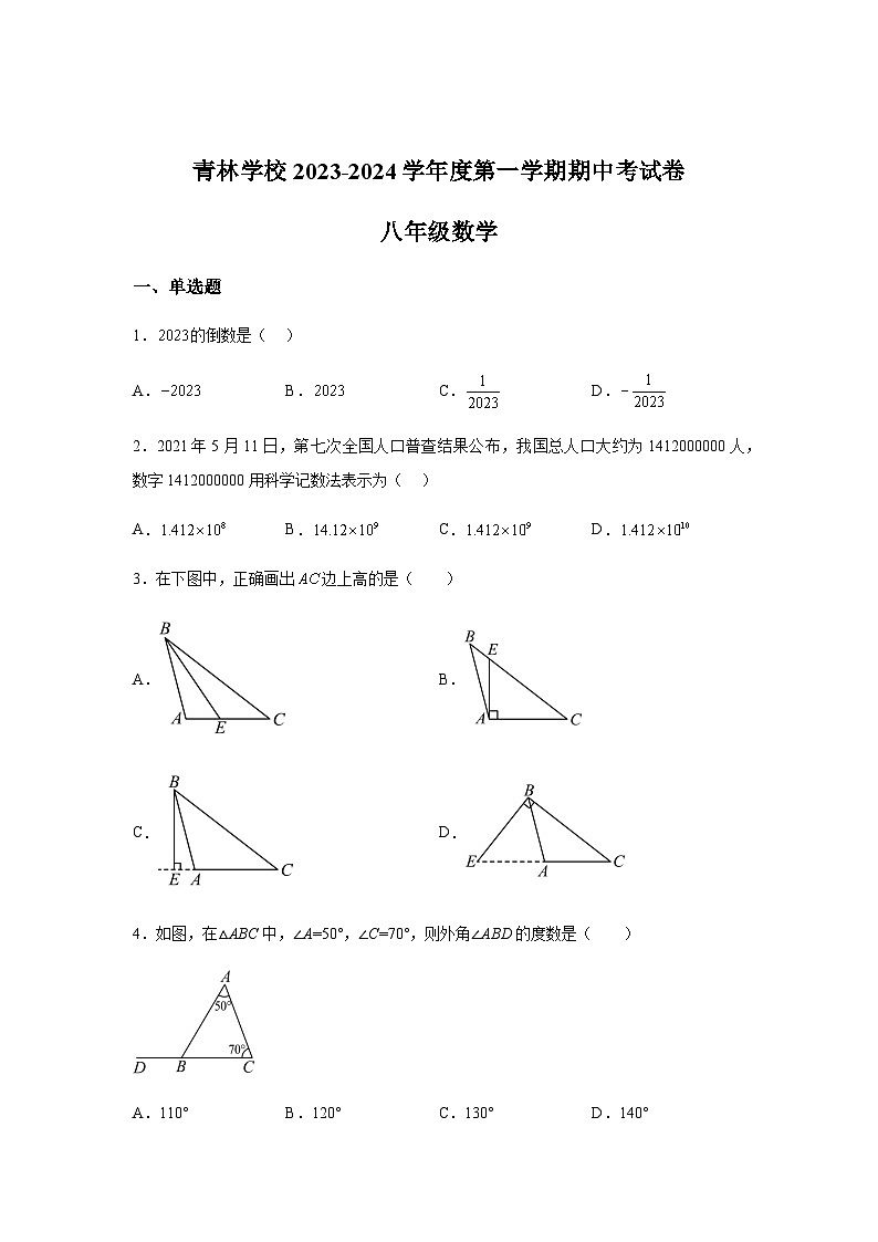 海南省三亚市崖州区三亚青林学校2023-2024学年八年级上学期期中数学试题(含解析)第1页