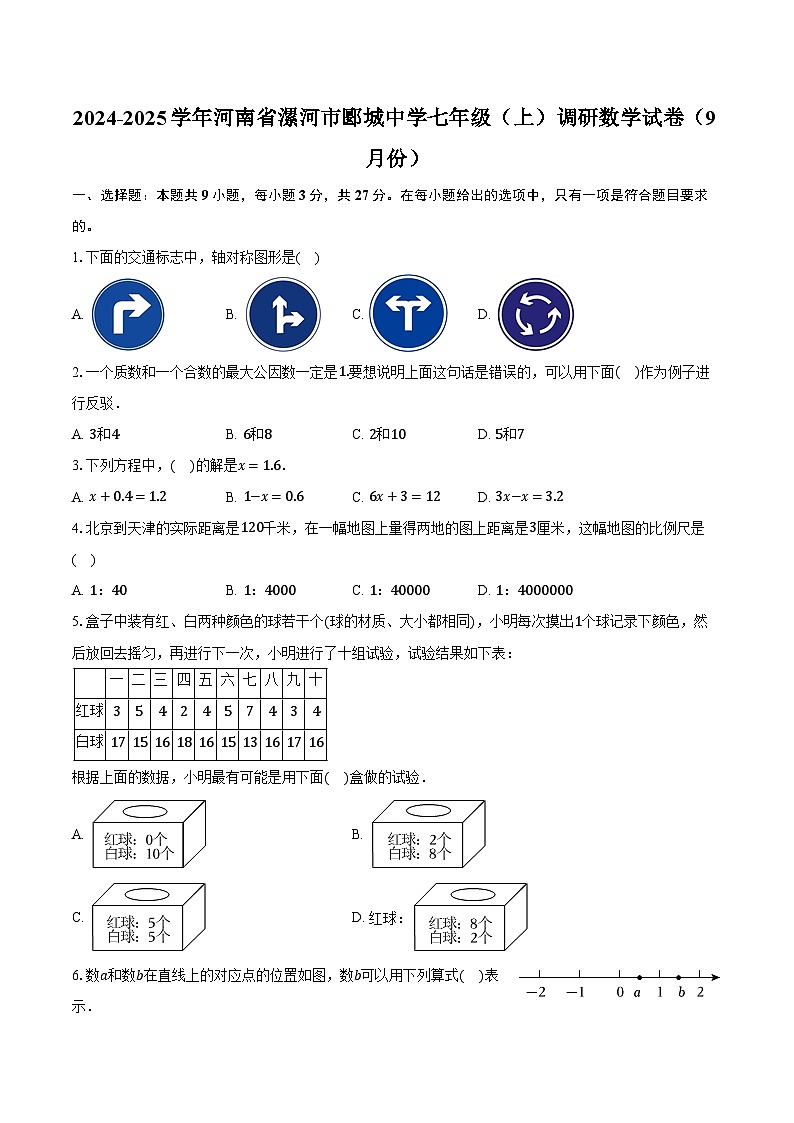 2024-2025学年河南省漯河市郾城中学七年级（上）调研数学试卷（9月份）（含解析）第1页