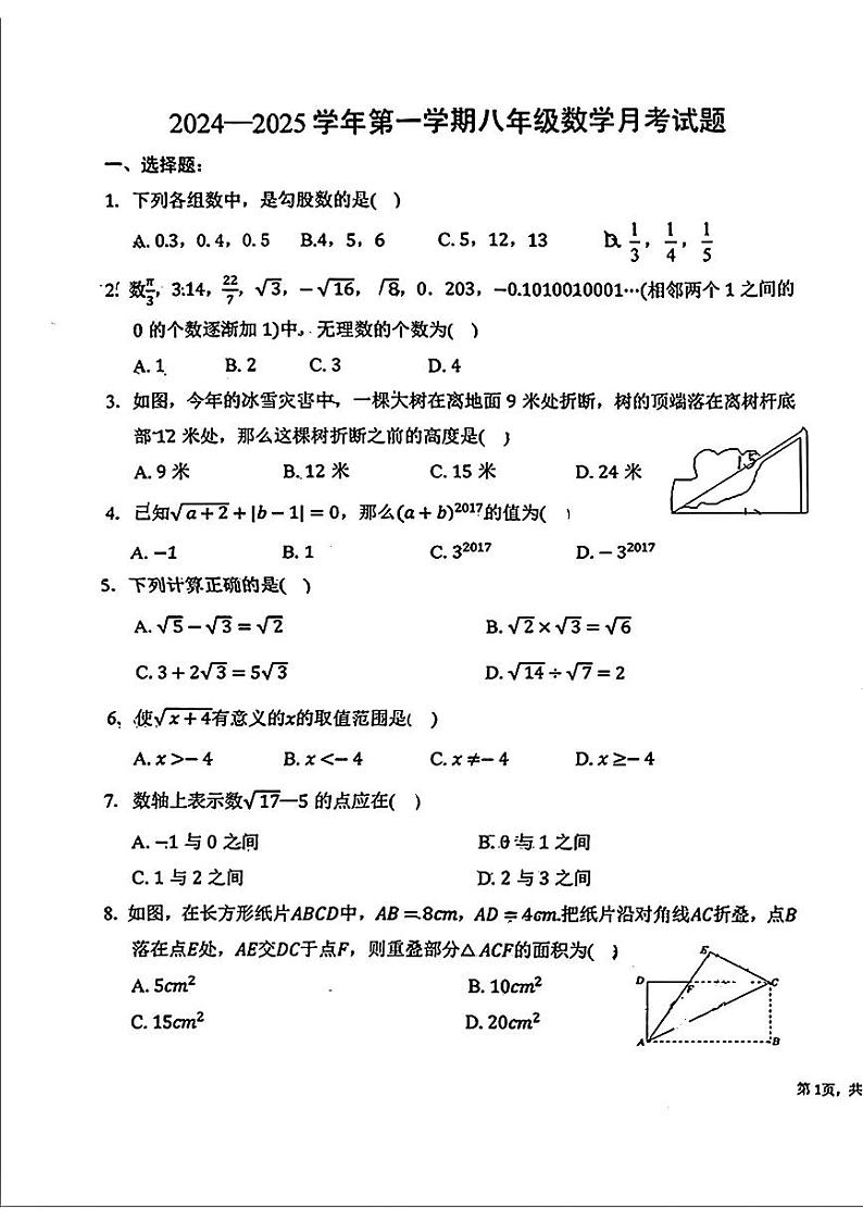 山东省青岛市城阳区2024—2025学年上学期第1次月考八年级数学试题01