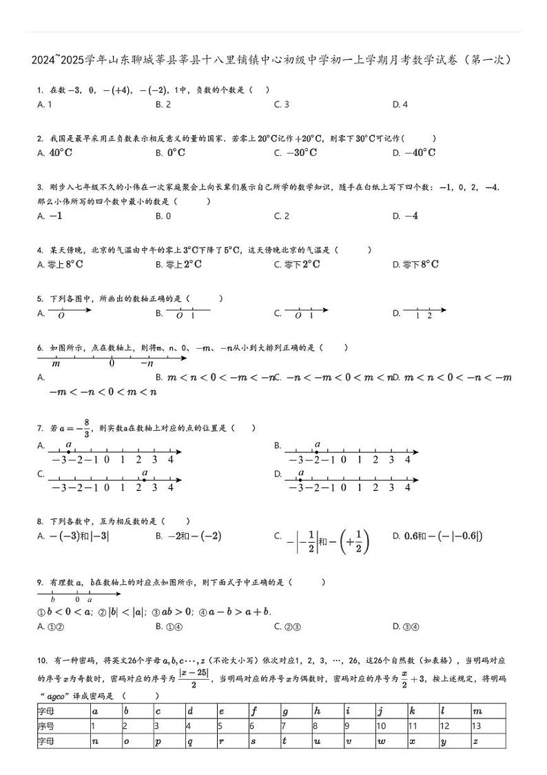 [数学]2024～2025学年山东聊城莘县莘县十八里铺镇中心初级中学初一上学期月考试卷(第一次)原题版第1页