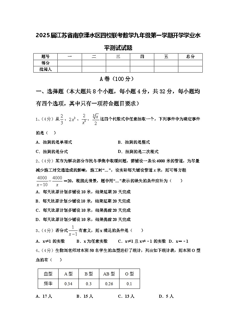 2025届江苏省南京溧水区四校联考数学九年级第一学期开学学业水平测试试题【含答案】第1页