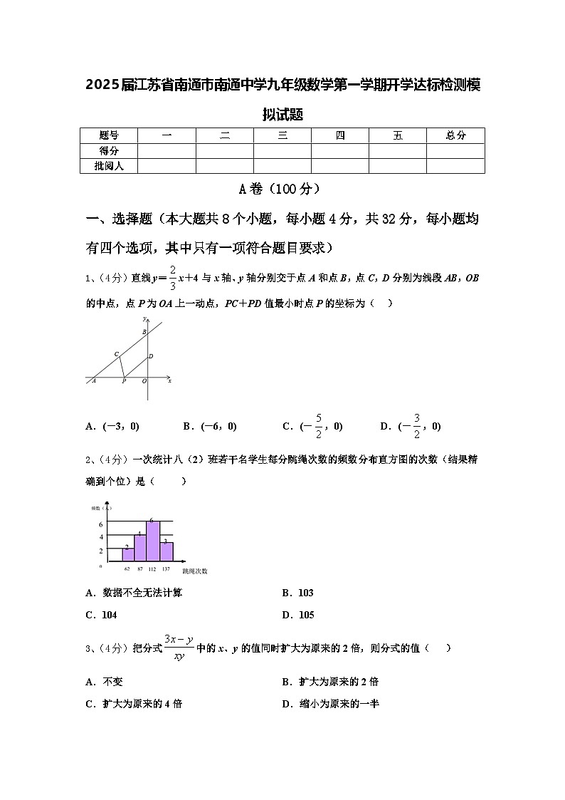 2025届江苏省南通市南通中学九年级数学第一学期开学达标检测模拟试题【含答案】第1页