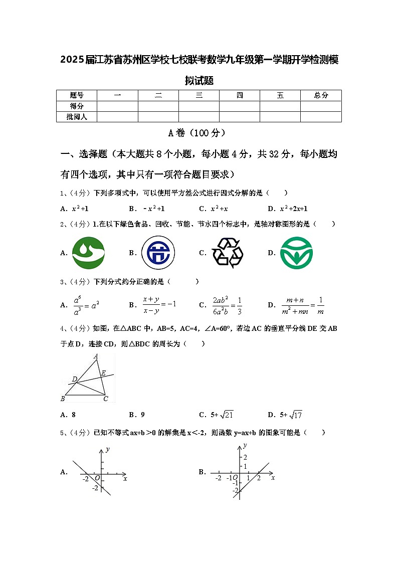 2025届江苏省苏州区学校七校联考数学九年级第一学期开学检测模拟试题【含答案】第1页