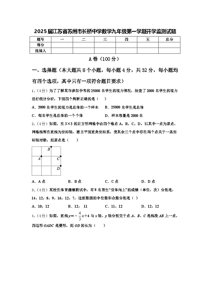 2025届江苏省苏州市长桥中学数学九年级第一学期开学监测试题【含答案】第1页