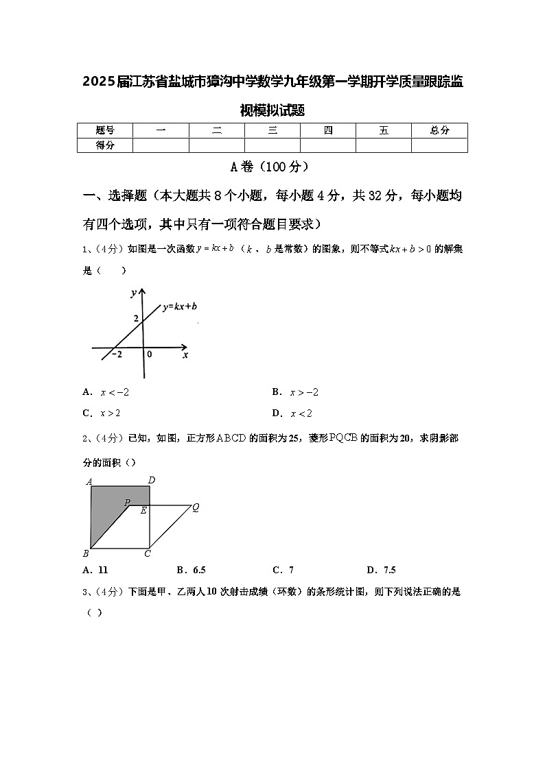 2025届江苏省盐城市獐沟中学数学九年级第一学期开学质量跟踪监视模拟试题【含答案】01