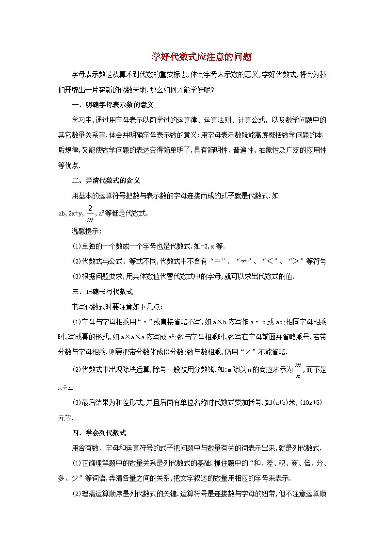 北师大版七年级数学上册第三章整式及其加减2代数式学好代数式应注意的问题 学案01
