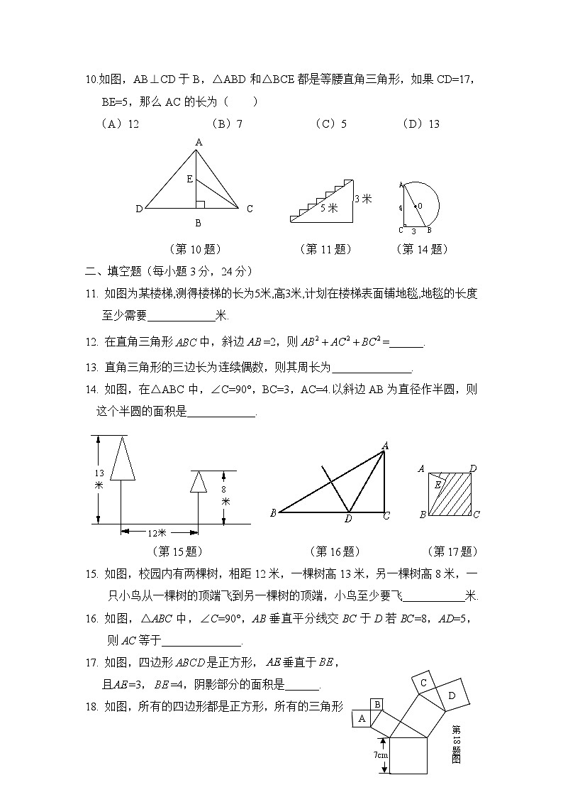 泰安市泰山实验中学鲁教版2024-2025七年级上册数学第三章《勾股定理》评估试卷和答案02