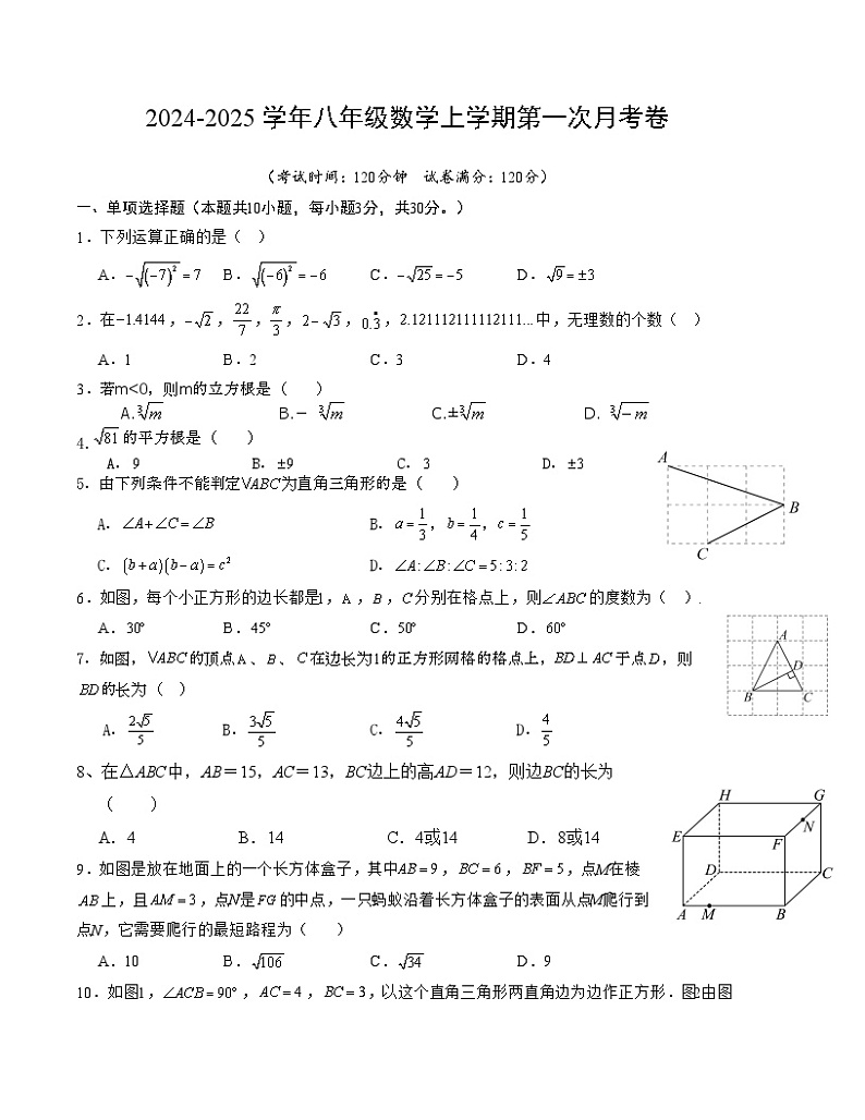 广东省普宁市勤建学校2024-2025学年八年级上学期第一次月考数学试题01