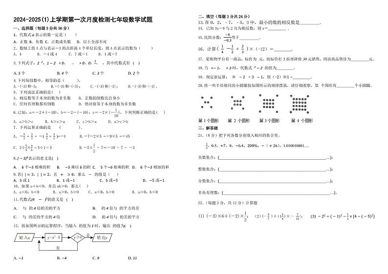 山东省泰安高新区正阳中学2024-2025学年七年级上学期10月月考数学试题第1页
