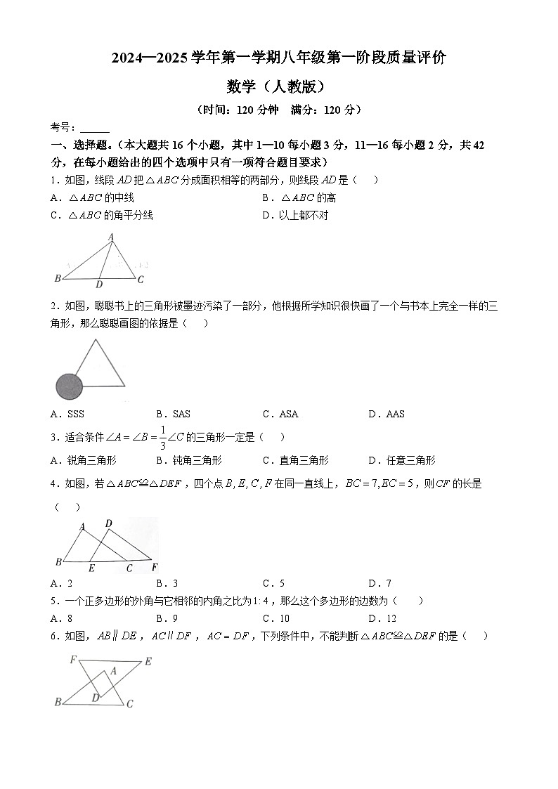 河北省沧州市东光县东光县五校联考2024-—2025学年八年级上学期10月月考数学试题(无答案)01