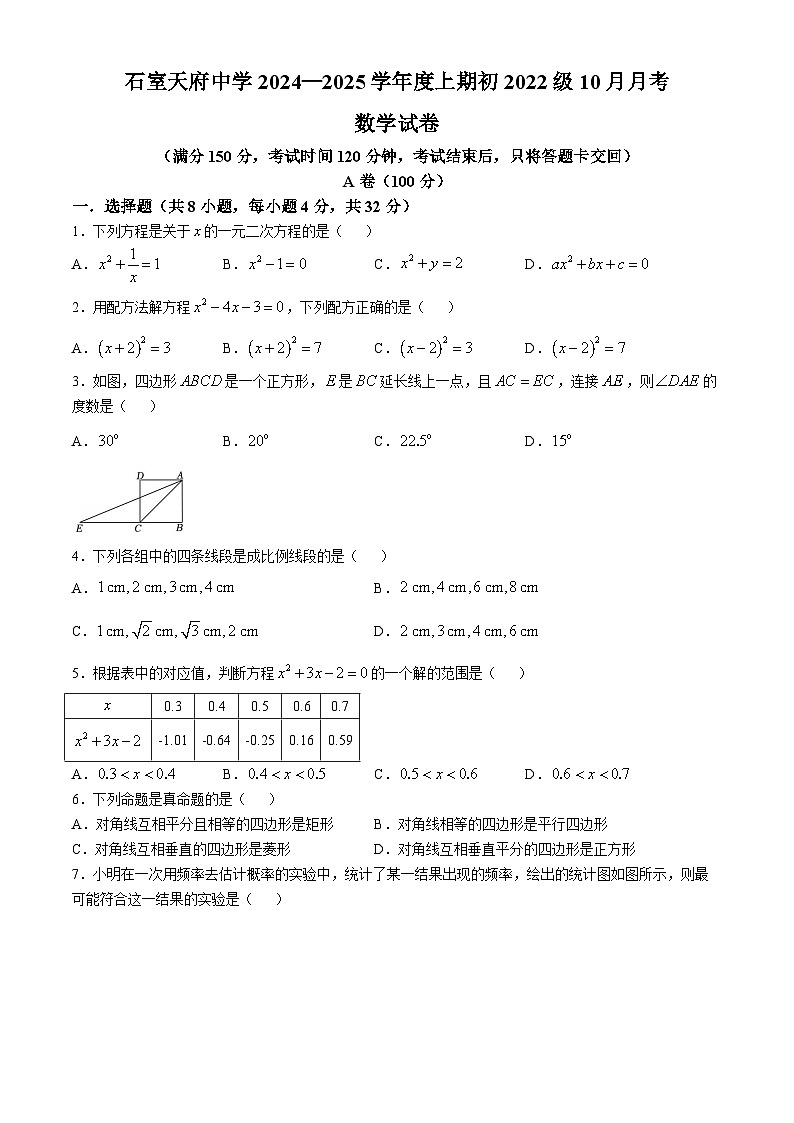 四川省成都市石室天府中学2024-2025学年九年级上学期10月月考数学试题(无答案)第1页
